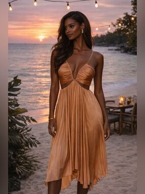 Aiifos Evie Chain Detail Pleated Midi Dress Size 2 Gold Wedding Guest